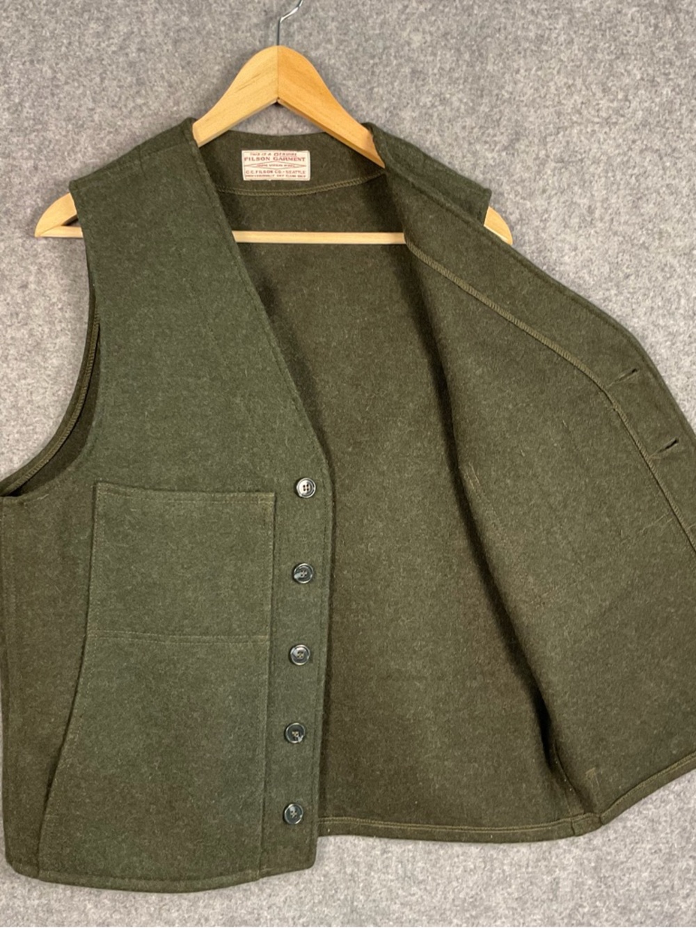 Filson Dark Olive Mackinaw Wool Button Vest - Picture 7 of 8